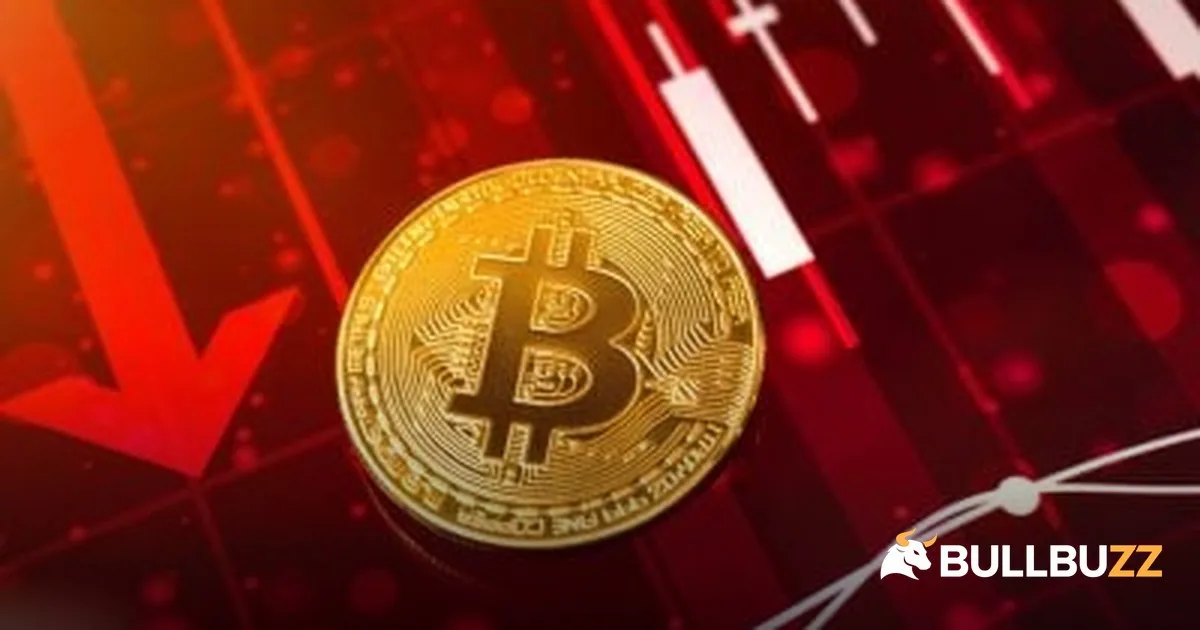 Gold Bitcoin coin on red falling chart as BTC sinks below $83K