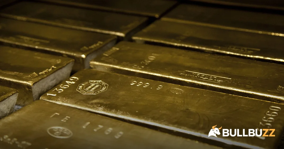 Stacked gold bars close-up as gold price plunges 3 percent to 4155 dollars