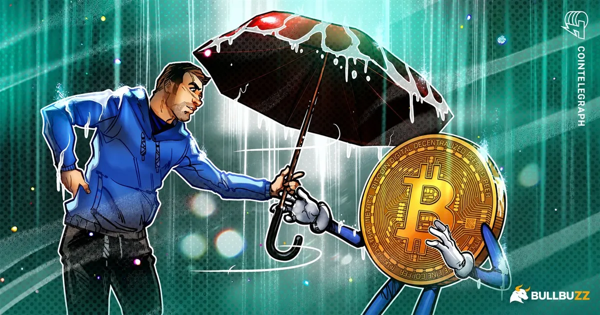Bitcoin insurer Meanwhile funding story: original Cointelegraph editorial illustration of Bitcoin under an umbrella